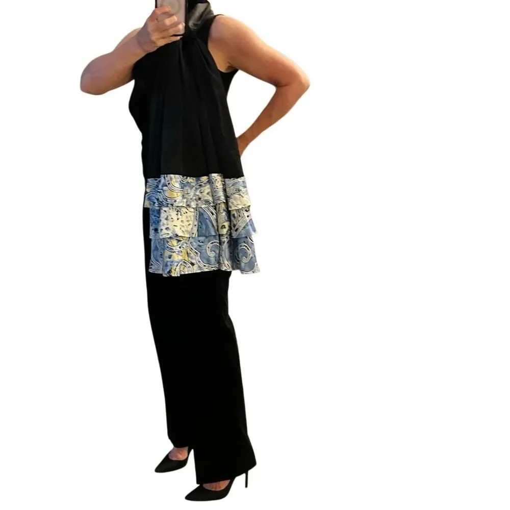 Carlisle Elegant Black Silk Cape Scarf Wrap Blue White Floral Paisley Hem Ruffle